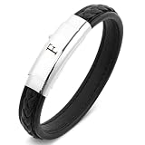 Braccialetto in pelle con lettera iniziale per uomo, braccialetto nero con fibbia regolabile, gioielli regalo per papà, marito, fratello, fidanzato, figlio, nonno, Pelle, Nessuna pietra preziosa