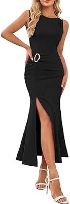 Doreyi Women's Formal Wedding Guest Cocktail Bridesmaid Party Elegant Evening Gown Ruched Split Body...