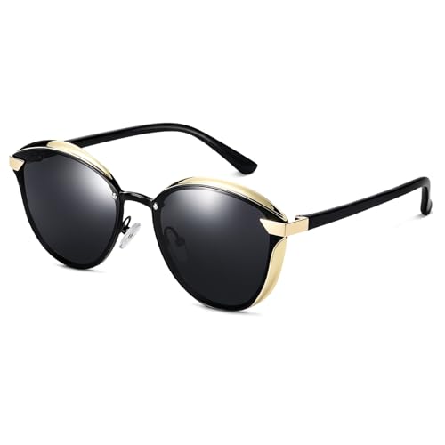 LYMOJOR Polarized Cat Eye Sunglasses for Women Retro Vintage Fashion Sunglasses with UV400 Protection Trendy Metal Frame Shades for Driving Travel Beach. Gold Frame/Black Gray Lens