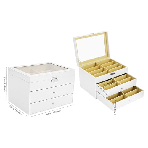 WINZING Boîte à lunettes, boîte à bijoux, boîte à lunettes à 3 niveaux avec 24 compartiments à tiroirs et couvercle en verre, organiseur de bijoux, boîte à bijoux pour boucles d'oreilles, bagues – vue 2