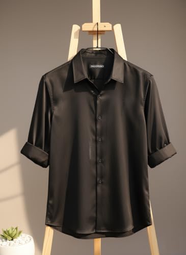 Image of IndoPrimo Men's Regular Fit Satin Designer Shirt with Stylish Vertical Line Sequence | Long Sleeve Formal & Casual Button Down Shirt for Casual and Party Look