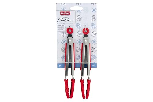 Zenker Christmas Mini Silicone Tongs, Set of Two Kitchen Tongs, Push Pull Locking Mechanism, Stainless Steel Handle with Rubber Silicone Grip, Function Head Xmas Gloves, Red, 20.6x4.5x2.6cm