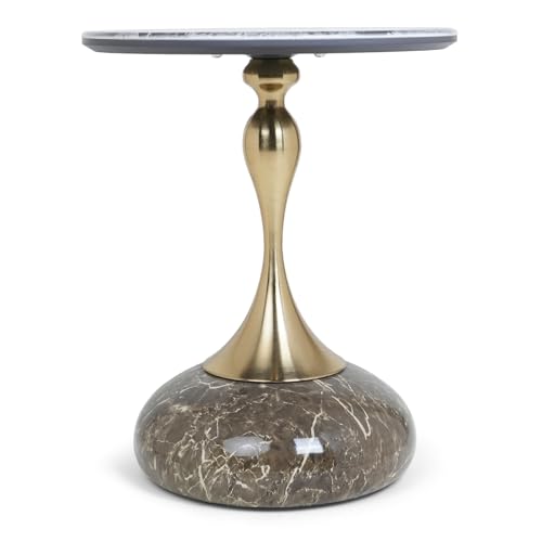 Image of Round Side Table with Marble Top, Brushed Golden Pedestal Base, Metal Base with Marble Effect, Modern Accent Table for Living Room, Bedroom