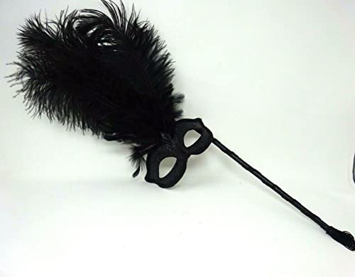 LADIES MIDNIGHT BLACK VENETIAN MASQUERADE HALLOWEEN CARNIVAL PARTY EYE BALL LONG FEATHER MASK ON A STICK, 8cm Deep exc Flower & Stick - Image 3