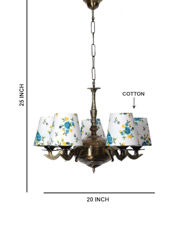 Image of Devansh 05 Lights Printed conical Cotton Shade with Antique Golden Chandelier -B