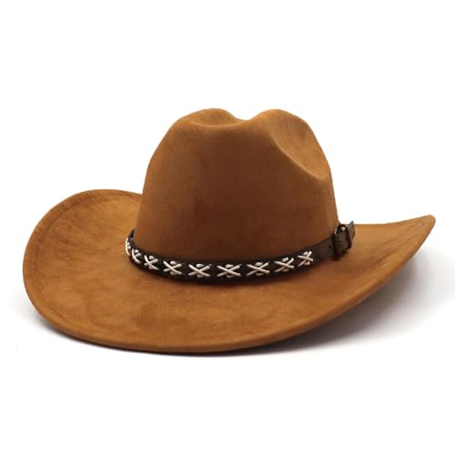 Image of Western Suede Cowboy Hat for Women Men Wide Brim Classic Cowboy Cowgirl Hat with Buckle Belt Felt Fedora Hat