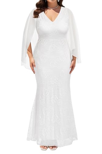 Plus Size Formal Dresses - Chiffon Capelet Ruffle Sleeves V Neck Lace Mermaid Evening Gown Prom Long Maxi Dresses 2025