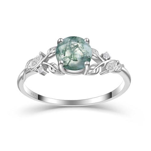 STARCHENIE 925 Sterling Silver Moss Agate Ring for Women–D Color VVS1 Small Moissanite– Nature-Inspired Leaf Vine Band Engagement Promise Ring Size 7