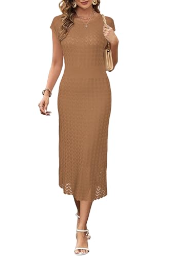 Image of Newshows Women's Hollow Slim Summer Fall Church Work Casual Sweater Dress | Machine Washable Knit Sweater Fabric, Hollow Design, Bell Sleeve, Business Casual, Church Teacher Outfits, Modest Dress