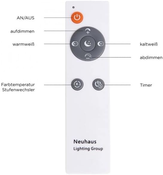 Infrared remote control for the LeuchtenDirekt LED ceiling light with labeled buttons for power, dimming, color temperature, and timer