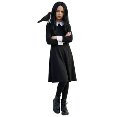 Costume da bambina Dark Fantasy Book Character – Abito nero con parrucca e corvo – Costumi per bambini Giornata mondiale del libro Never Story Hero Gothic Fancy Dress Outfit gotico