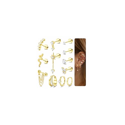 LOYALLOOK 20G Cartilage Earrings for Women Hypoallergenic Surgical Stainless Steel Stud Hoop Cartilage Earring Set 14K Gold Plated Flat Back Earrings Daith Conch Tragus Helix Piercing Jewelry Single A