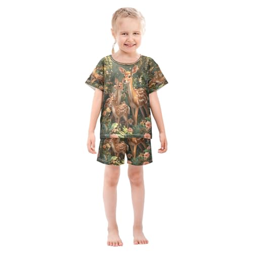 ALAZA Family Deer Blossom Floral Pajamas Set Short Sleeve Cotton Sleepwear Summer Pjs 2 Piece 5-14Y3