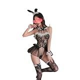 Generic Women's Sexy Cosplay Lingerie Cute Bunny Ear Lace Hollow Out Dress Set Jumpsuit Maid Costume Halloween Outfit (Black)