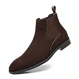 OXNGDMDM Men's Suede Chelsea Boots Cap Round Toe Low Heel Classic Side Elastic Band Slip On Comfortable Fashion Dress Ankle Boots for Work Business Daily Wear (Coffee,10.5)