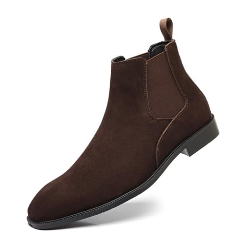 OXNGDMDM Men's Suede Chelsea Boots Cap Round Toe Low Heel Classic Side Elastic Band Slip On Comfortable Fashion Dress Ankle Boots for Work Business Daily Wear (Coffee,10.5)