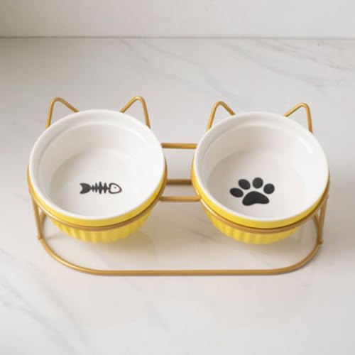 CORTUN フードボウル猫 食器 皿 フスタンドセット 柄 陶器 えさ ごお水入れ かわいい ト 猫 犬用 (小型犬) (イエロー+ゴールデン)