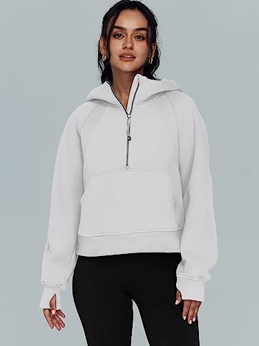 Trendy Queen Women Half Zip Cropped Hoodies Oversized Fleece Quarter Zip Up Pullover Sweatshirts Winter Clothes 2023 Fall Outfits Sweater White #TOP1
