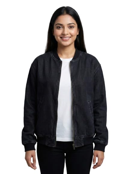 autumn hues Women’s Black Denim Jacket – Classic Zip-Up Casual Bomber Style-picture-32