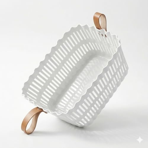Image of AIR O MATIC Plastic Ractangle Laundry Basket with Breathable Slotted Design & Ergonomic Leather Grip Handles - Large Ventilated Clothes Hamper for Bedroom, Bathroom & Laundry Room (White)