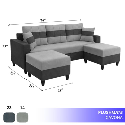 Image of Cavona 5 Seater L Shape Sofa Set with 2 Movable Ottomans | Flexible Layout | Luxury Velvet Suede Fabric | Modern Living Room Sofa | Dark Grey-Light Grey