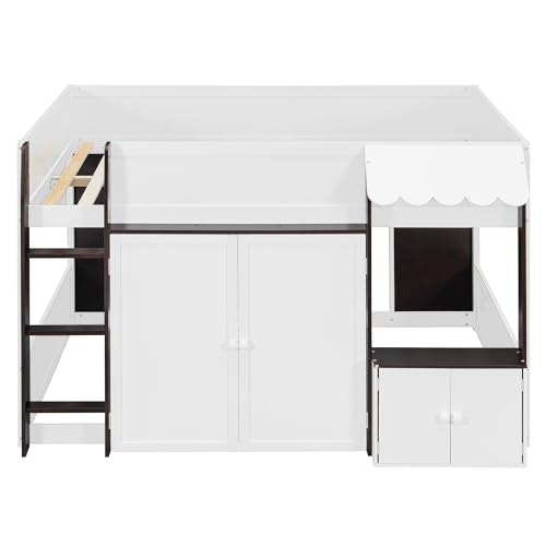 Image of Full House Loft Bed with Playhouse & Storage, Modern Wood Cabin Bed for Kids /Teens (Espresso+White)
