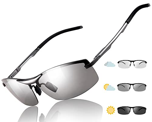 TJUTR Mens Polarized Photochromic Sunglasses Day & Night Driving Glasses Anti Glare | Ideal for Low to Medium Light Condition (Gun Wide Frame/Photochromic Polarized Lens)
