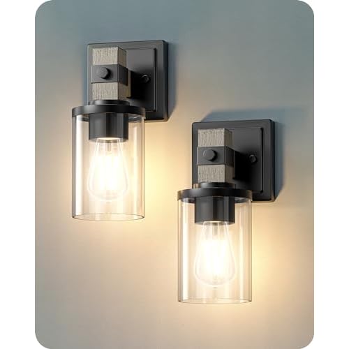 EDISHINE Wall Sconces Set of 2, Farmhouse Vanity Lights Fixtures for Bathroom, 1-Light Faux Wood Rustic Bath Wall Mount Lamp with Clear Glass Shade for Hallway, Living Room, Mirror, Kitchen