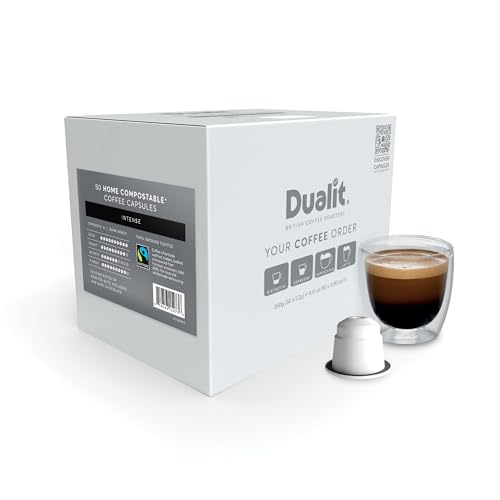Nespresso® Compatible* Intense Home Compostable Coffee Capsules by Dualit | 50 Servings - 5 X 10 Pk of Premium Eco Friendly Fairtrade Coffee Pods - 100% Home Compostable Capsules