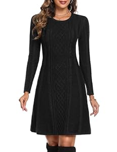 Aottori Robe Pull Femme Hiver Décontractée Tricotée Robe Pull Elegant Col Rond A Ligne Robes Casual Manches Longues Mini Robe Pull pour Fête Loisirs Cocktail Robe Pull Noir L