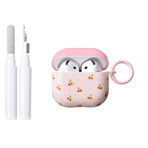 Reownest Custodia Compatibile con AirPods 4a Generazione (2024) con Kit di Pulizia, Dolce Motivo a Pois con Ciliegie, Morbida Cover Protettiva Antiurto in TPU per AirPods 4 – Rosa Ciliegia