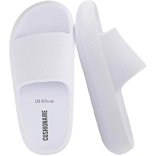 CUSHIONAIRE Feather EVA Slides for Women – Comfortable Slip On Womens Slippers, Indoor Outdoor Shower Shoes, Beach Essential Cloud Slides