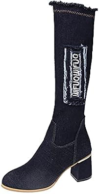 Blue Denim Knee High Boots Chunky Heel 