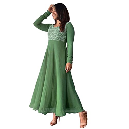 Buy KRIDEZ Women's Georgette Long Stitched Fit and Flare Outfit Gown Long  Frock Type Maxi Dress with Full Sleeve and Round Neck, Embroidery Work  A-Line Readymade Party Gown (Length : 46) (L,