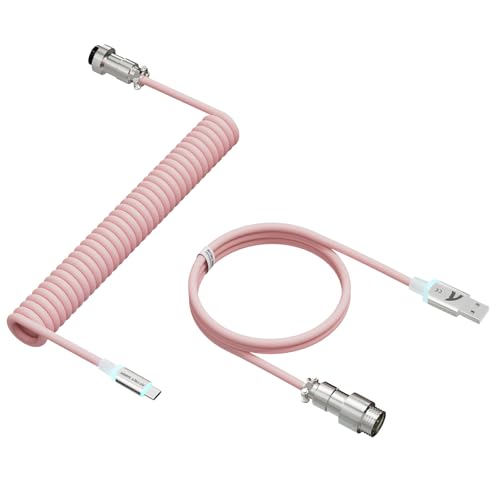 ATTACK SHARK C01 Ultra Custom Coiled USB C to A Cable for Mechanical Keyboard,RGB Light Plug,Double-Sleeved Gaming Cable with Detachable Metal Aviator,for Popular Gaming Consoles Keyboard Mouse-Pink