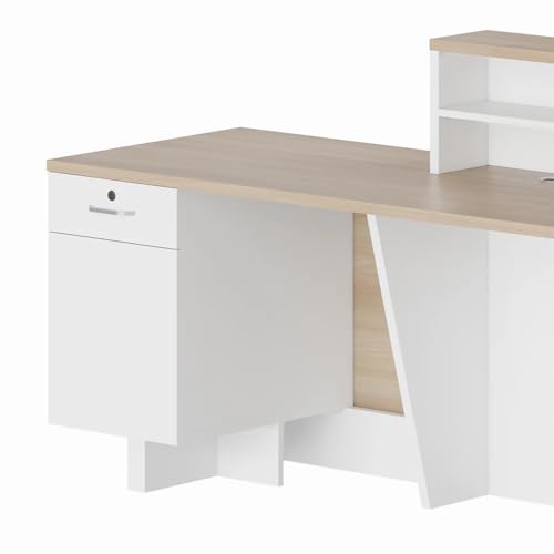Image of Desk for Office, Salon, Hotel, Spa, Boutique, Studio & Commercial Lobby, Modern White Reception Counter Table with Wooden Frame for Front Office - (RCT-35 LPB L6W2)