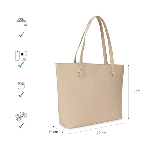 Image of Fastrack PowerCarry Tote for Women, Semi-PU Faux Leather Tote with Zip Closure and Comfy Strap, Spacious 15.12L Handbag for Office, College, or Casual Outfits, Large Tote Bag for Women