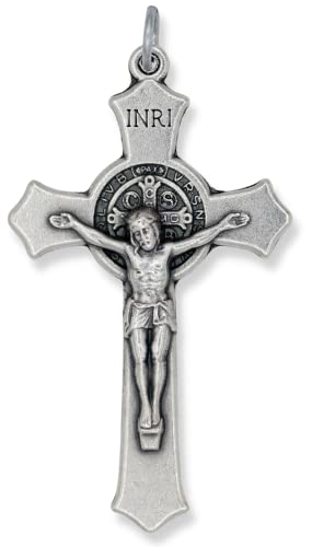 Caritas Et Fides Pack Of 5 - St Benedict Crucifix Cross For Rosary Making - Large 2 Inch Silver Oxidized Crucifix Rosary Part For St Benedict Rosary Or Mens Catholic Necklace, Made In Italy #TOP2