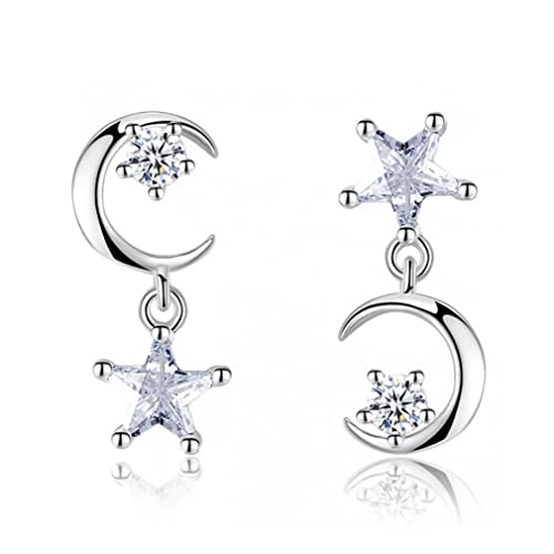 Boucles d'oreilles en Argent 925 asymétriques Lune étoile luxe avec zircone cubique éclatante