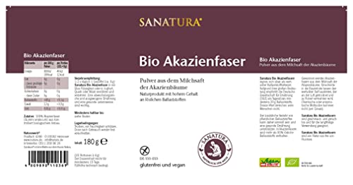 Sanatura Akazienfaser Pulver Bio – 180 g – wertvoller Ballaststofflieferant aus Akazienfasern - lösliche Ballaststoffe - vegan, glutenfrei und fructosefrei – gut verträglich