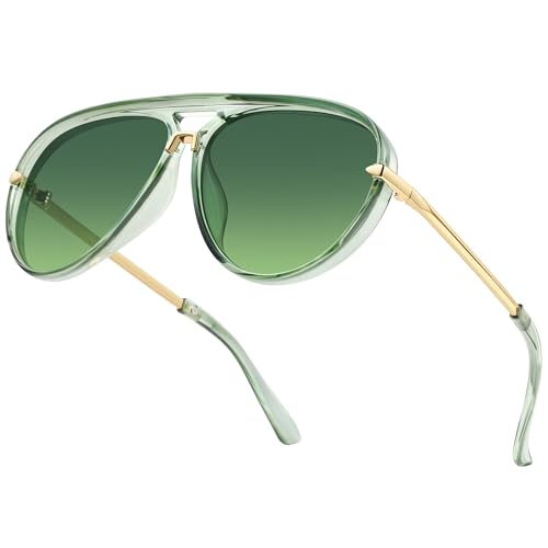 LOOMAKA Oversized Aviator Sunglasses for Women Trendy Retro 70s Flat Top Shades Gold Metal Double Bridge Design with UV400 Protection for Driving & Vacation