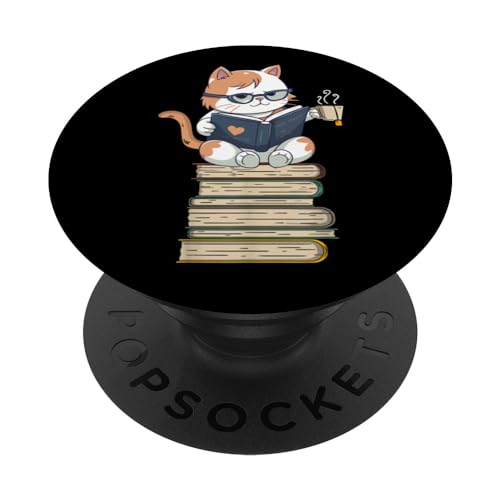 Funny Cat reading Book & Tea lover Gift For Cat Book Lover PopSockets PopGrip Intercambiabile