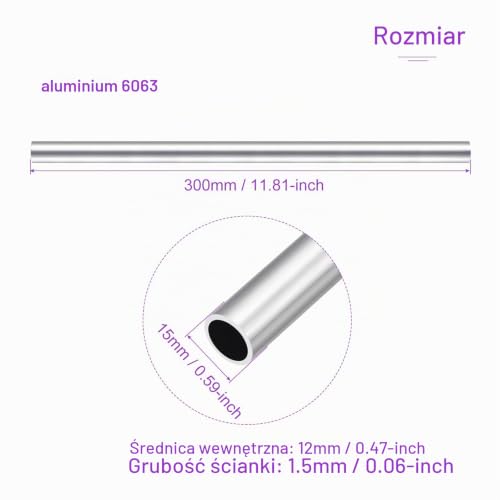 DMiotech (15 mm średnica zewnętrzna x 12 mm średnica wewnętrzna) 6063 aluminiowa okrągła rura o długości 300 mm przemysłowe metalowe rury do budowy ram maszyn projektów DIY