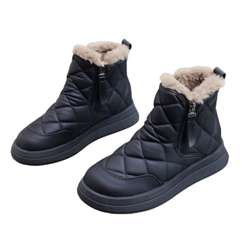 Women's Flat Ankle Boots, Side Zipper Plush Lined Snow Boots, Winter Warm Outdoor Shoes (Black,US 6)