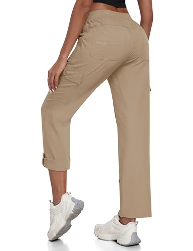 JINSHI Pantalones Mujer Verano Pantalón Cargo Enrollables Convertibles 3/4 Pantalon Capri Secado rápido Pantalon Senderismo Montaña Trekking Caqui Talla EU M