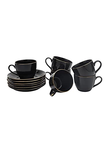 Image of Clay Craft Fine Ceramic Cup and Saucer Set of 12 (6 Cups + 6 Saucers) Solid Black Color with Gold Line Gift to Your Loved Ones on Any Occassions., Medium (CC-CS12-CREAM-BLACK+GL)