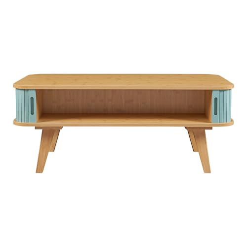 Mesa de centro rectangular con tablero de esquinas redondeadas y compartimentos de bambú 7
