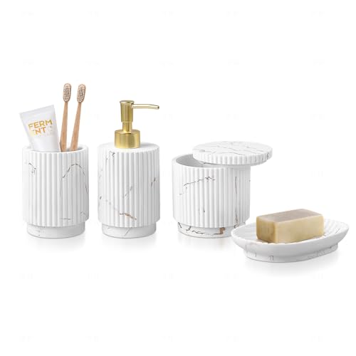SEEYUAN Bathroom Accessories Set 4 Pcs-Toothbrush Holders Set, Soap Dispenser, Cotton Swab Jars, Vanity Tray, Bathroom Organizer for Modern Bathrooms Decor, Gift for Home Apartment