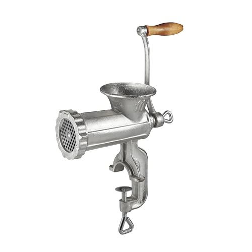 Weston #10 Manual Tinned Meat Grinder and Sausage Stuffer, 4.5mm & 10mm plates, + 3 sausage funnels,SAdjustable Burrs, Portable,Silver, 36-1001-W by Weston - Used condition - CA$30.55