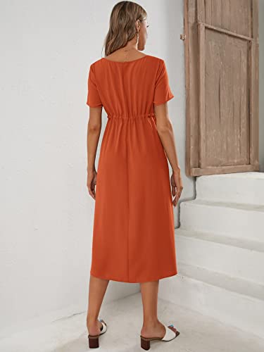 Makemechic Women's Maternity Dress Solid Short Sleeve V Neck A Line Pregnancy Midi Dress Burnt Orange S #TOP1